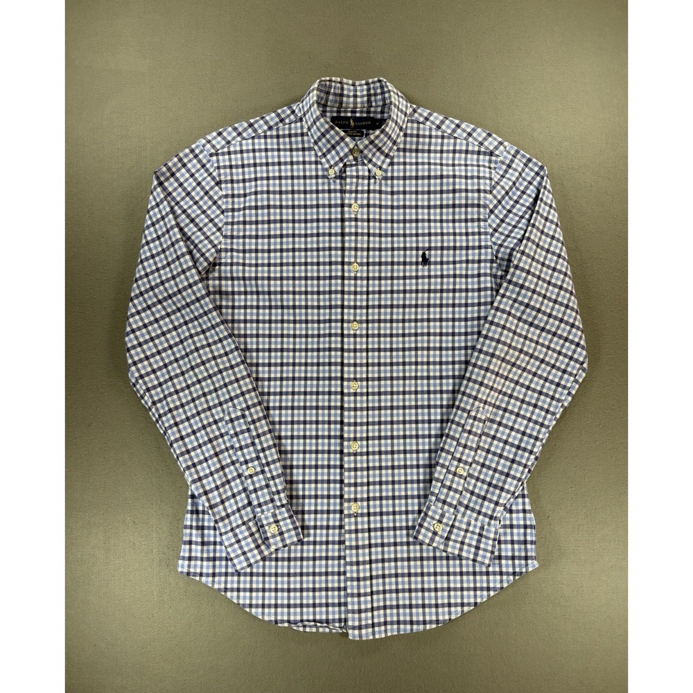 Mens Ralph Lauren Slim Fit Stretch Oxford Shirt Blue Navy White Check Size M